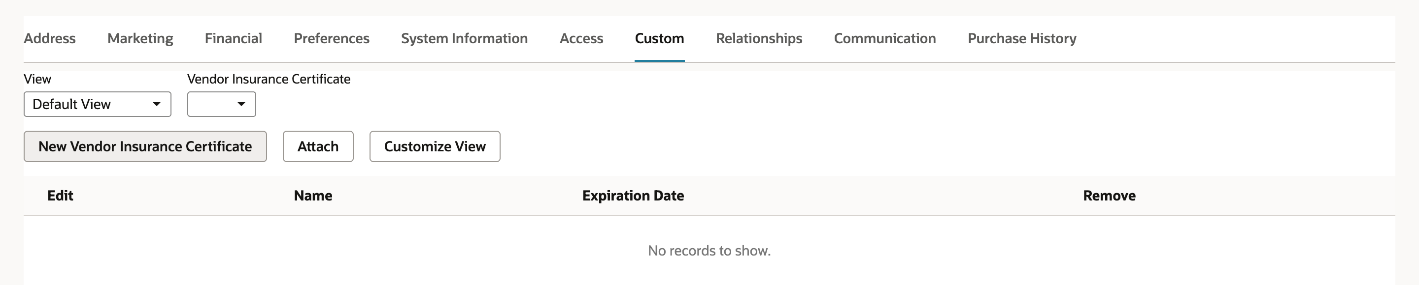 Vendor Apex Roofing Contractors Custom subtab with a New Vendor Insurance Certificate button and an empty list with Name and Expiration Date columns
