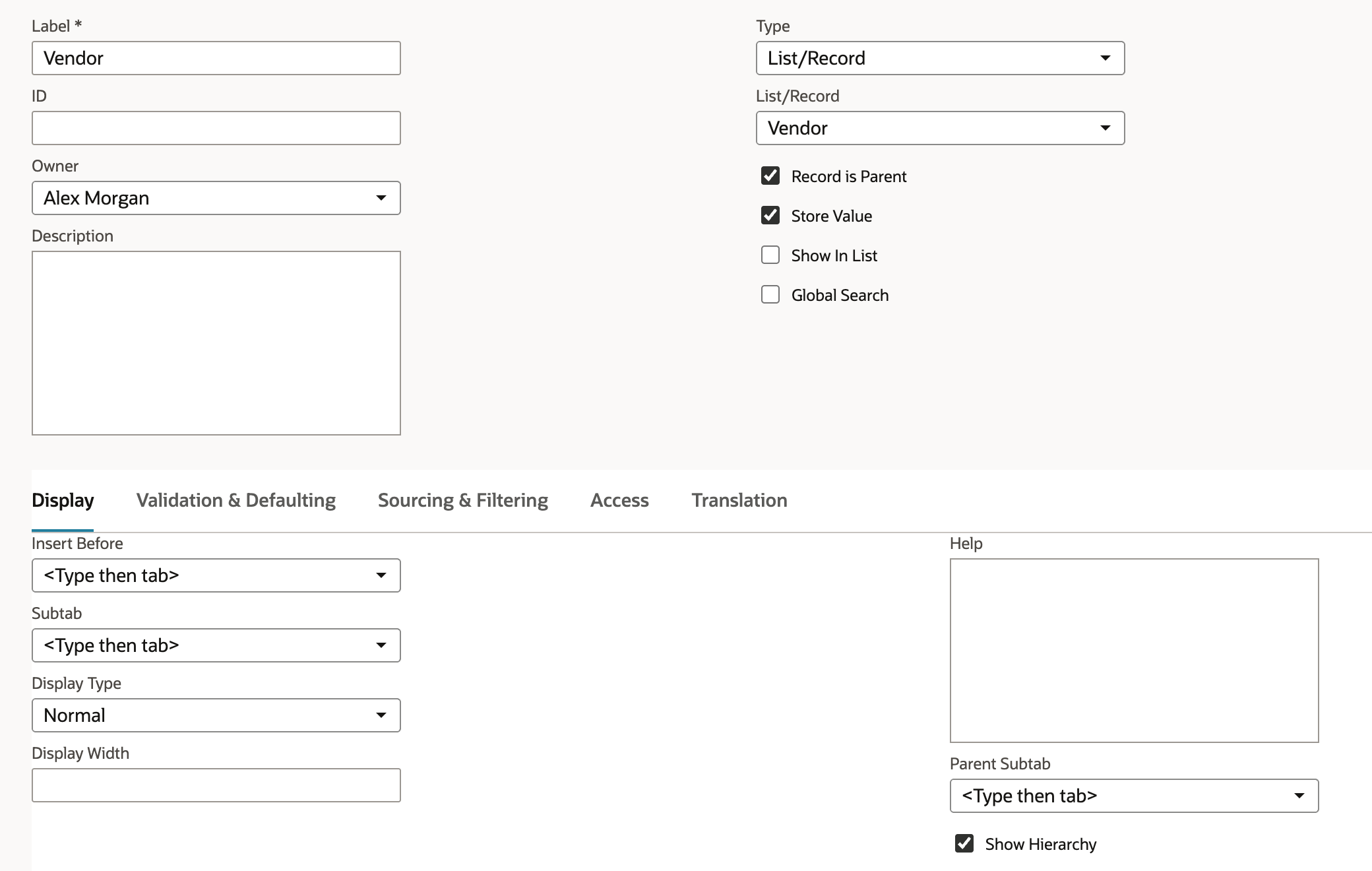 Vendor field form with Type List/Record, List/Record Vendor, Record is Parent checked, and a blank Parent Subtab field on the Display subtab