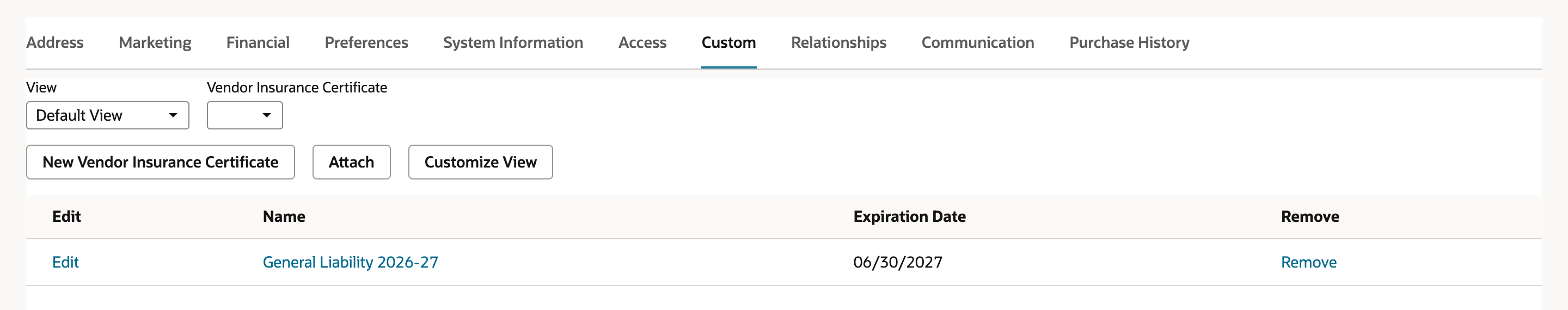 Vendor Custom subtab listing General Liability 2026-27 with Expiration Date 06/30/2027 and Edit and Remove links