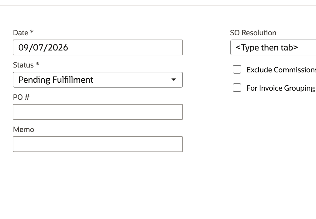The starting Customer Orders form has no packaging checkbox beneath Memo.