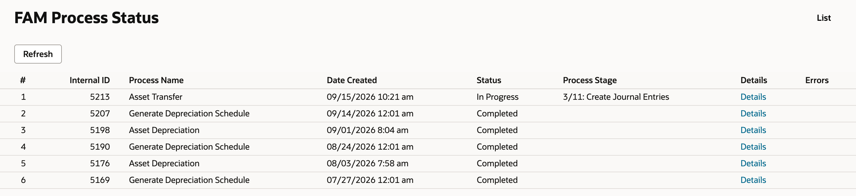 FAM Process Status with process 5213 Asset Transfer, created 09/15/2026 10:21 am, In Progress at Process Stage 3/11: Create Journal Entries, above earlier completed Generate Depreciation Schedule and Asset Depreciation processes. An arrow points to 3/11: Create Journal Entries.