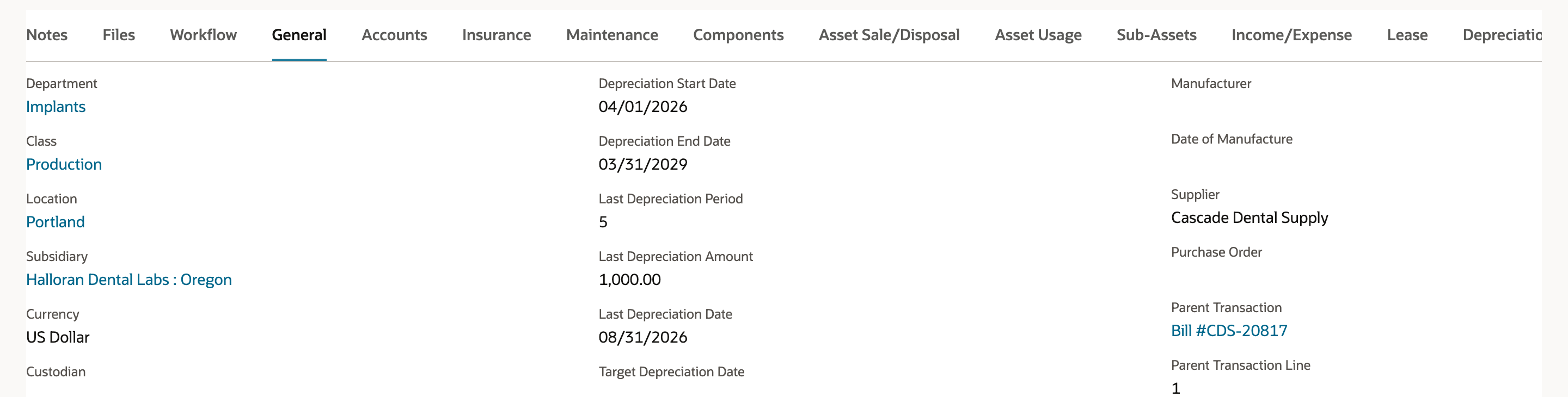 General subtab of FAM000038 after the transfer: Department Implants, Class Production, Location Portland, Subsidiary Halloran Dental Labs : Oregon, Last Depreciation Period 5, Last Depreciation Amount 1,000.00, Last Depreciation Date 08/31/2026.