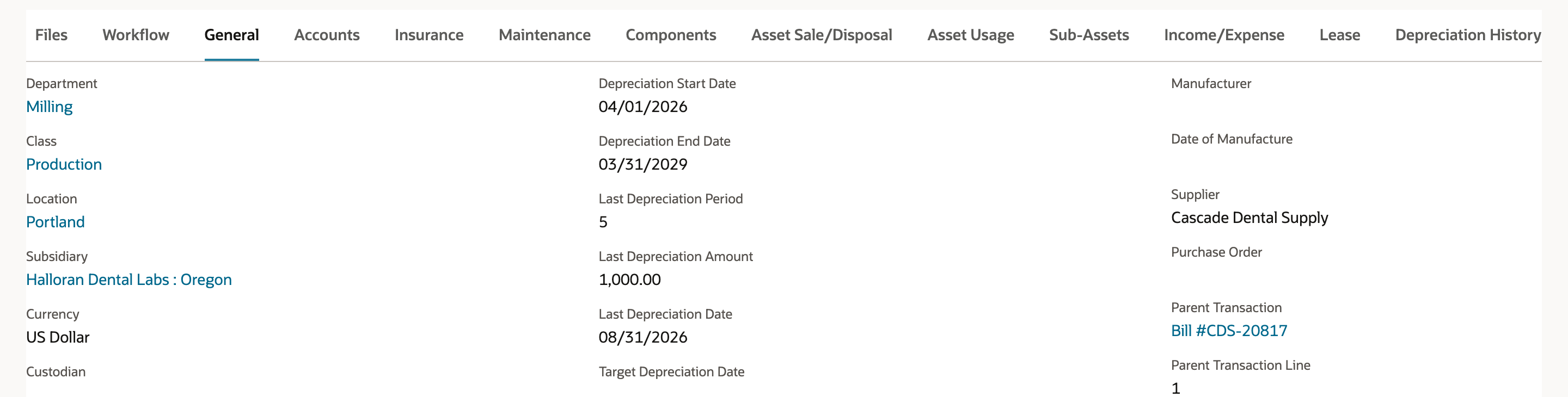 General subtab of FAM000038 before the transfer: Department Milling, Class Production, Location Portland, Subsidiary Halloran Dental Labs : Oregon, Depreciation Start Date 04/01/2026, Depreciation End Date 03/31/2029, Last Depreciation Period 5, Last Depreciation Amount 1,000.00, Last Depreciation Date 08/31/2026.