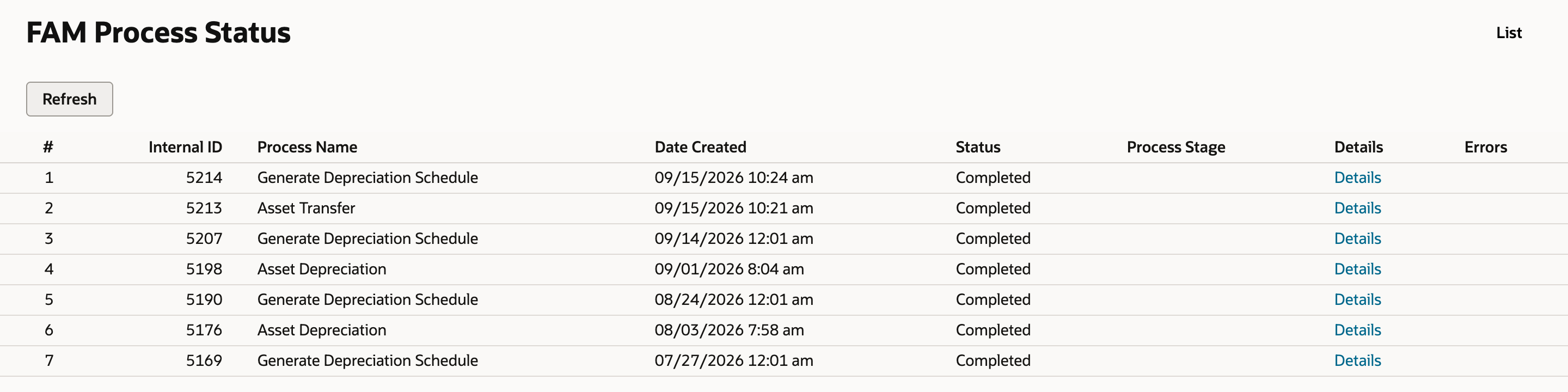 FAM Process Status with process 5214 Generate Depreciation Schedule, created 09/15/2026 10:24 am, Completed, above 5213 Asset Transfer Completed.