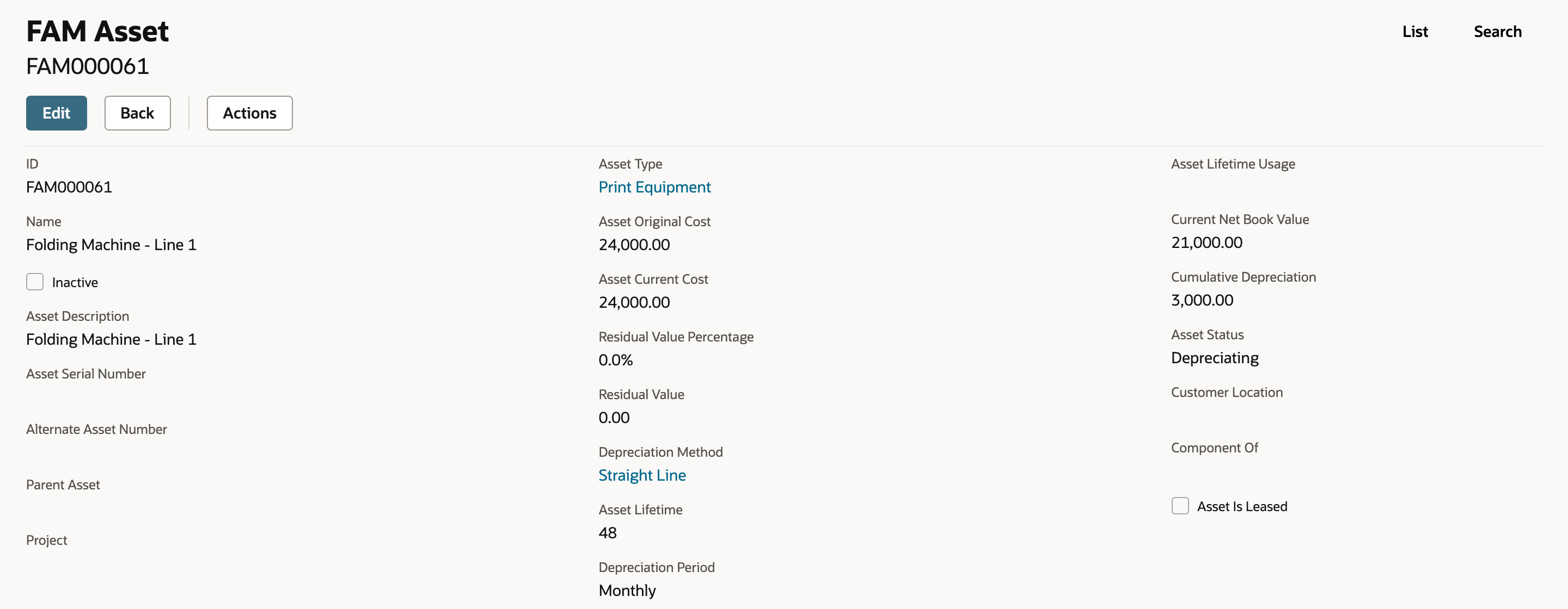 FAM Asset FAM000061 Folding Machine - Line 1 before the transfer: Asset Type Print Equipment, Asset Original Cost 24,000.00, Current Net Book Value 21,000.00, Cumulative Depreciation 3,000.00, Asset Status Depreciating, Asset Lifetime 48.