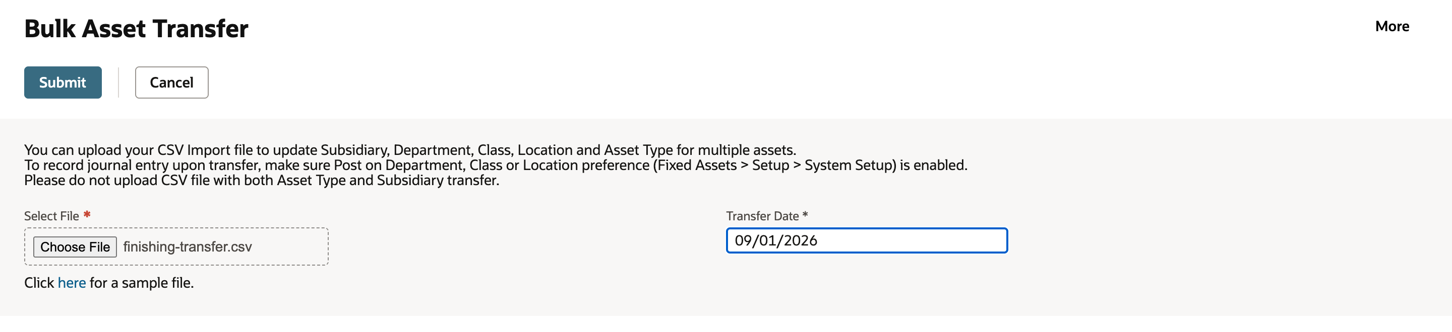 Bulk Asset Transfer page with Submit and Cancel buttons, three guidance lines, Select File showing finishing-transfer.csv, Transfer Date 09/01/2026 and a link for a sample file.