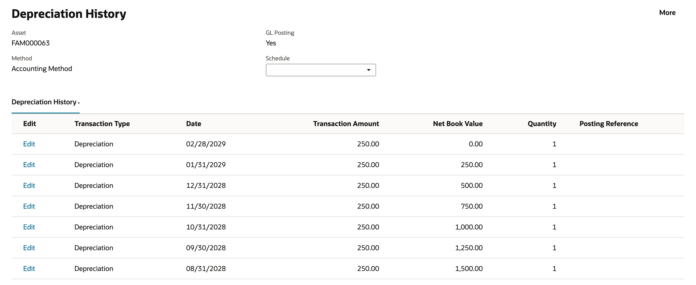 Depreciation History for FAM000063 Paper Cutter - Bay 3: forecast Depreciation rows of 250.00 from 02/28/2029 at Net Book Value 0.00 down through 08/31/2028, with no Posting Reference.