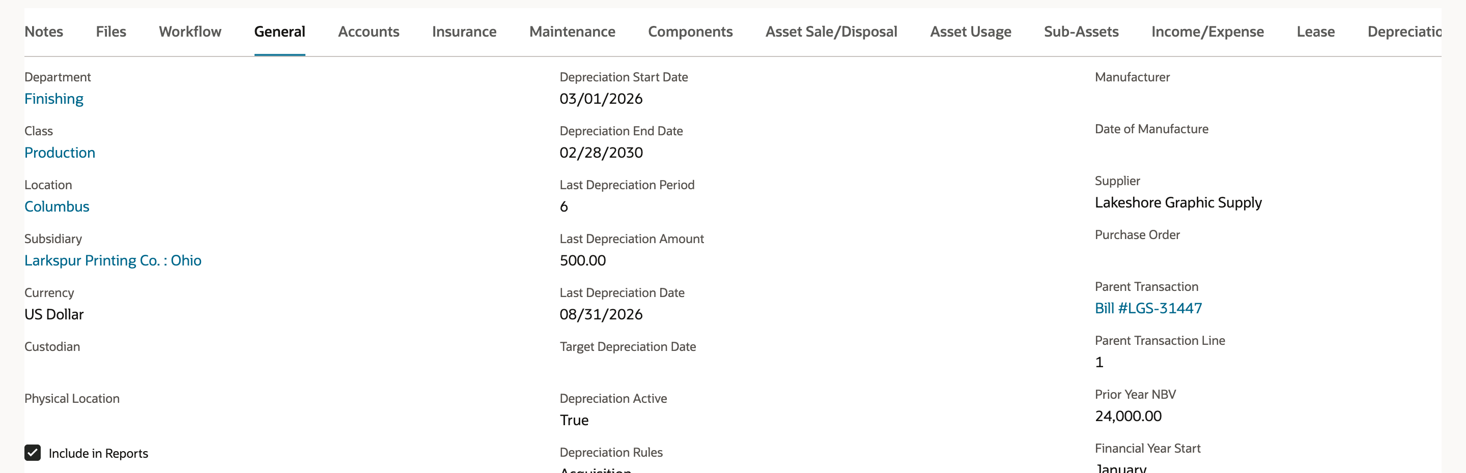 General subtab of FAM000061 after the transfer: Department Finishing, Class Production, Location Columbus, Subsidiary Larkspur Printing Co. : Ohio, Last Depreciation Period 6, Last Depreciation Amount 500.00, Last Depreciation Date 08/31/2026.