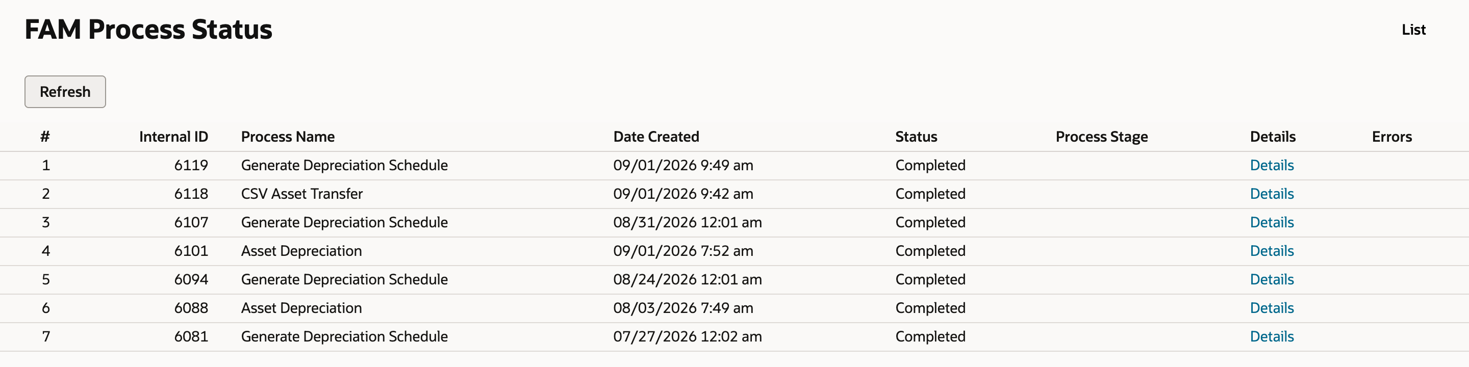 FAM Process Status with process 6119 Generate Depreciation Schedule, created 09/01/2026 9:49 am, Completed, above 6118 CSV Asset Transfer Completed.