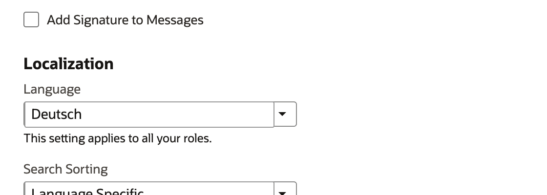 The personal Language field shows Deutsch; save the preference before rerunning the report.