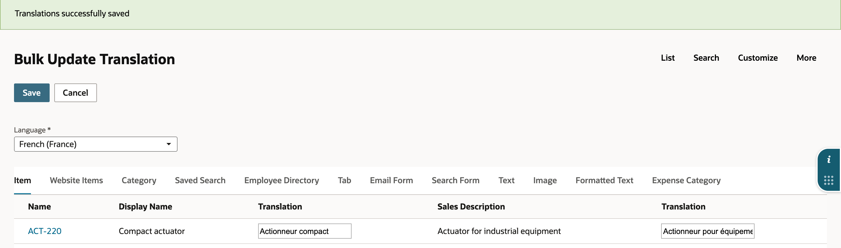 Bulk Update Translation shows saved French display-name and sales-description translations for ACT-220.