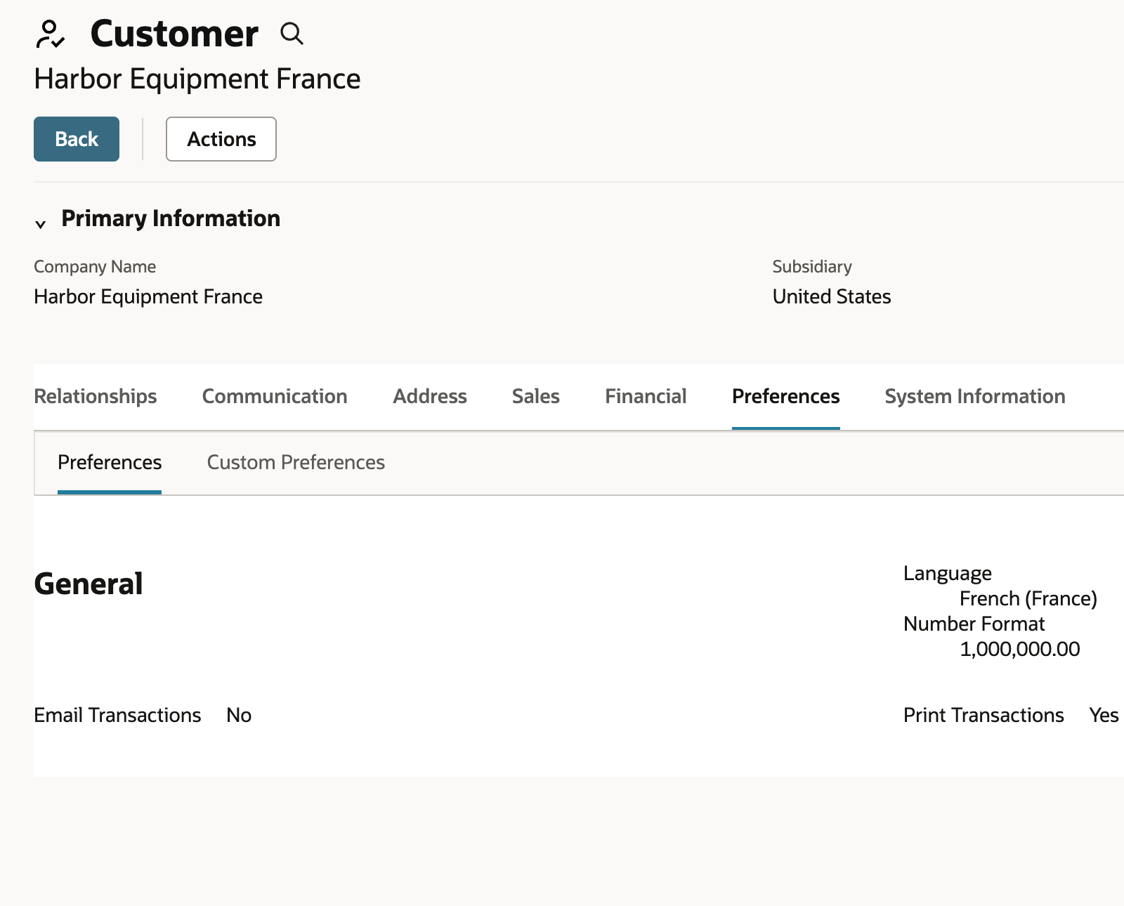 Harbor Equipment France has Language French (France) on its customer Preferences.
