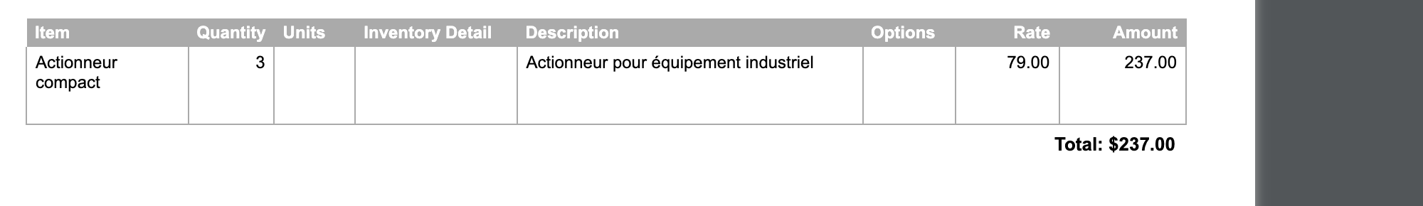 SO1902 prints Actionneur compact and Actionneur pour équipement industriel, while the Item and Description headings remain English.