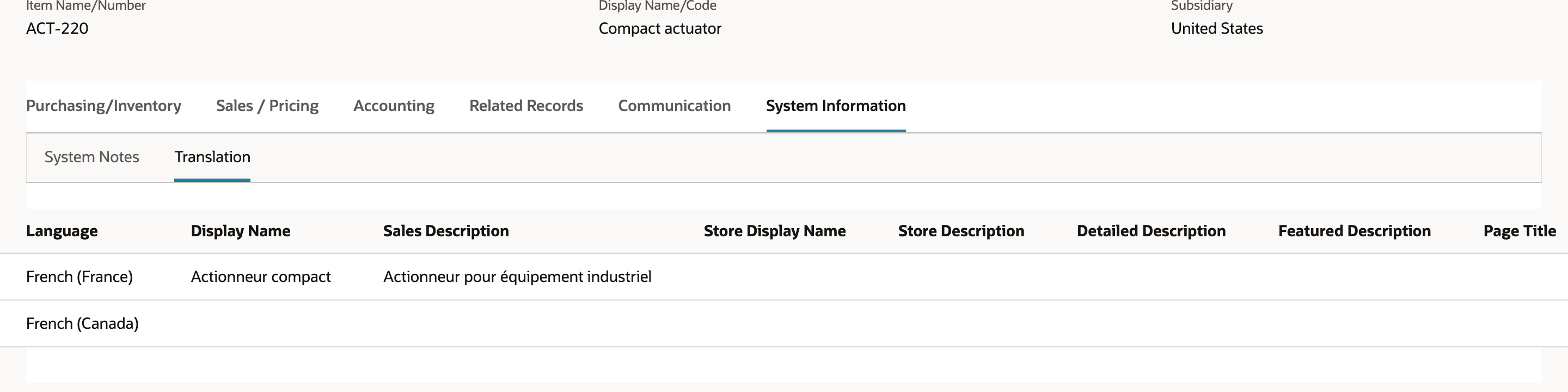 ACT-220 Translation shows the saved French display name and sales description.