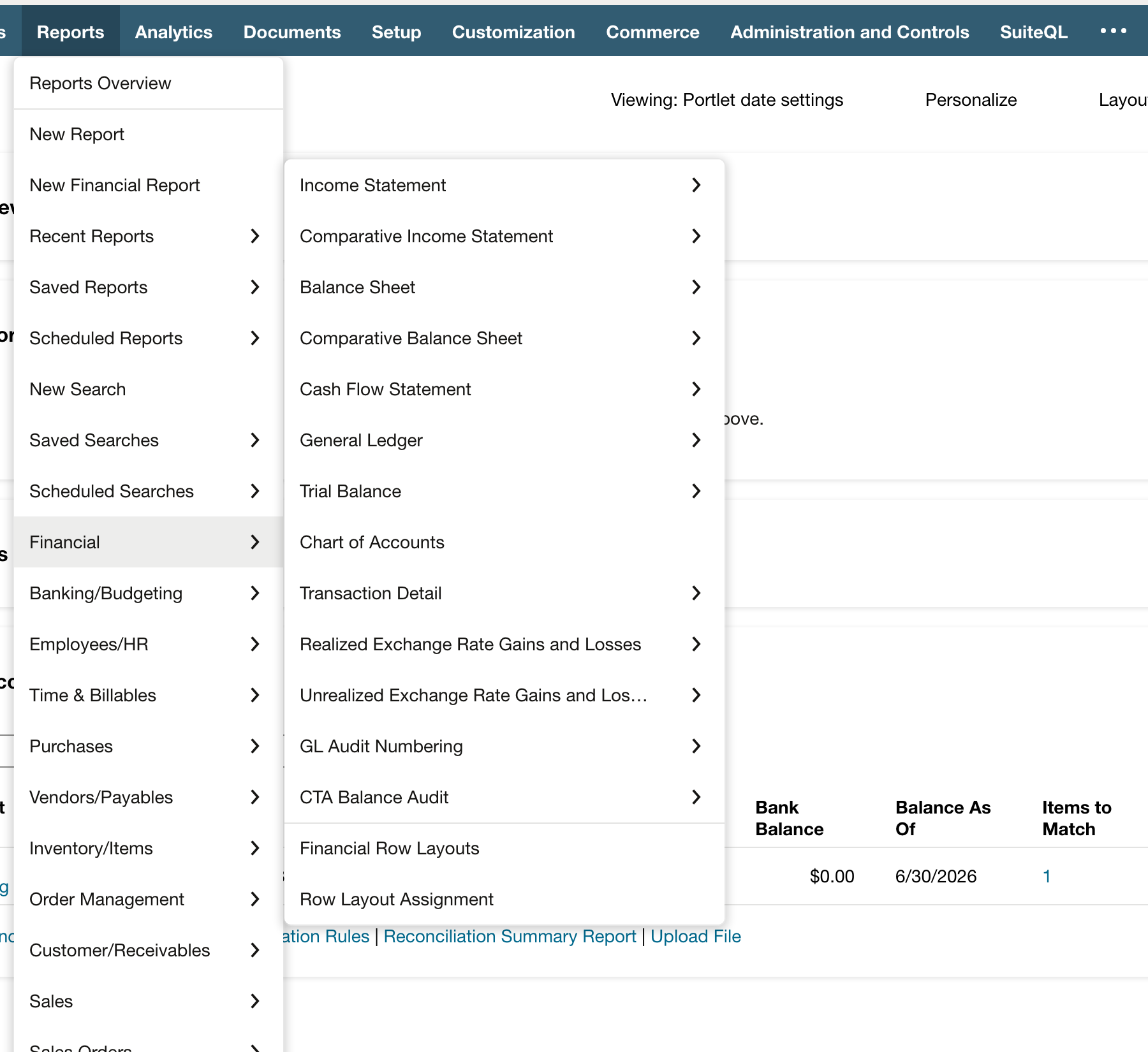 NetSuite: Open Trial Balance from the Financial reports menu.