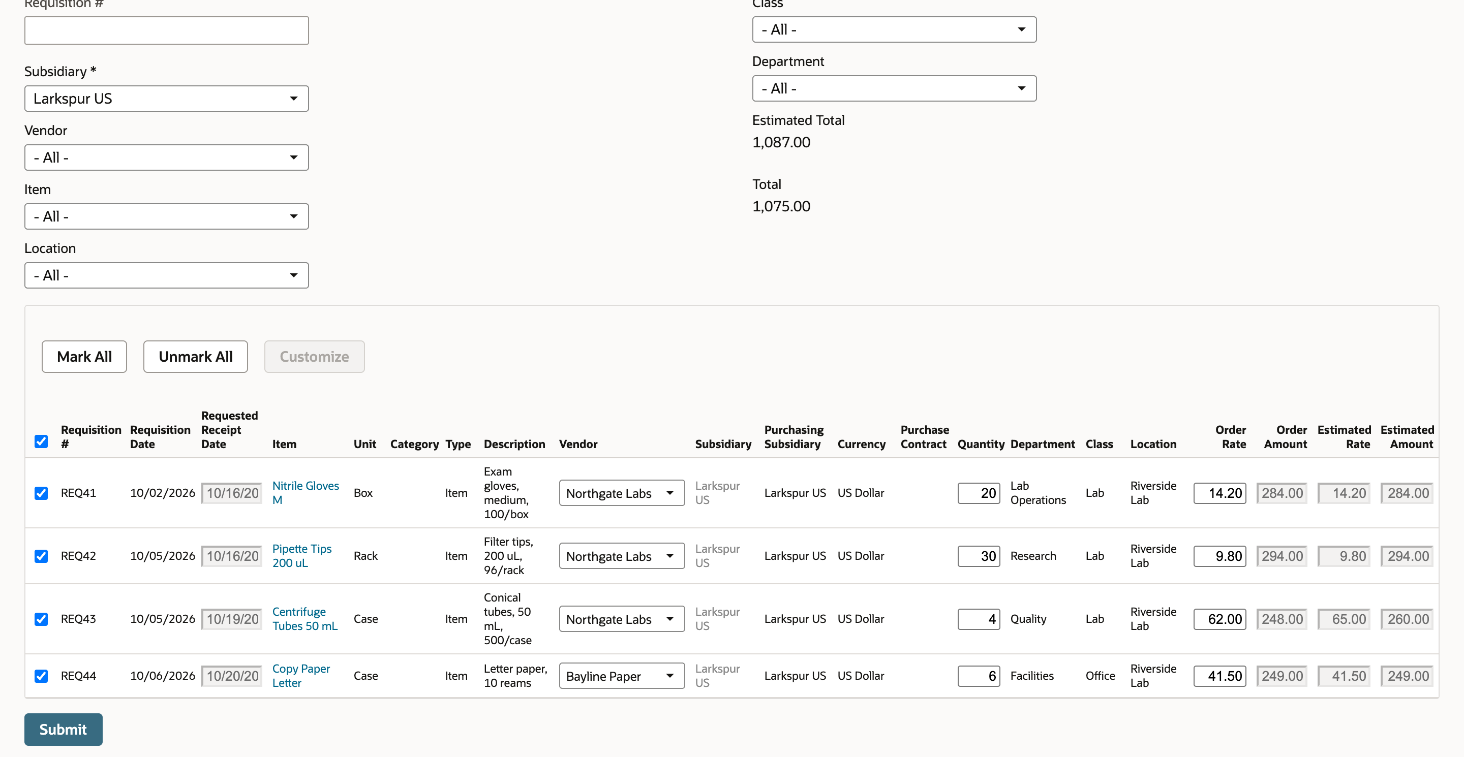 Order Requisitions with all four lines checked, Estimated Total 1,087.00, and a red arrow pointing to Total 1,075.00.