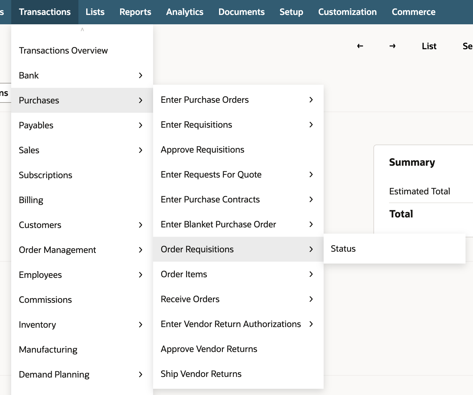 The Transactions menu with Purchases expanded and Order Requisitions highlighted in its submenu, below Enter Blanket Purchase Order and above Order Items.