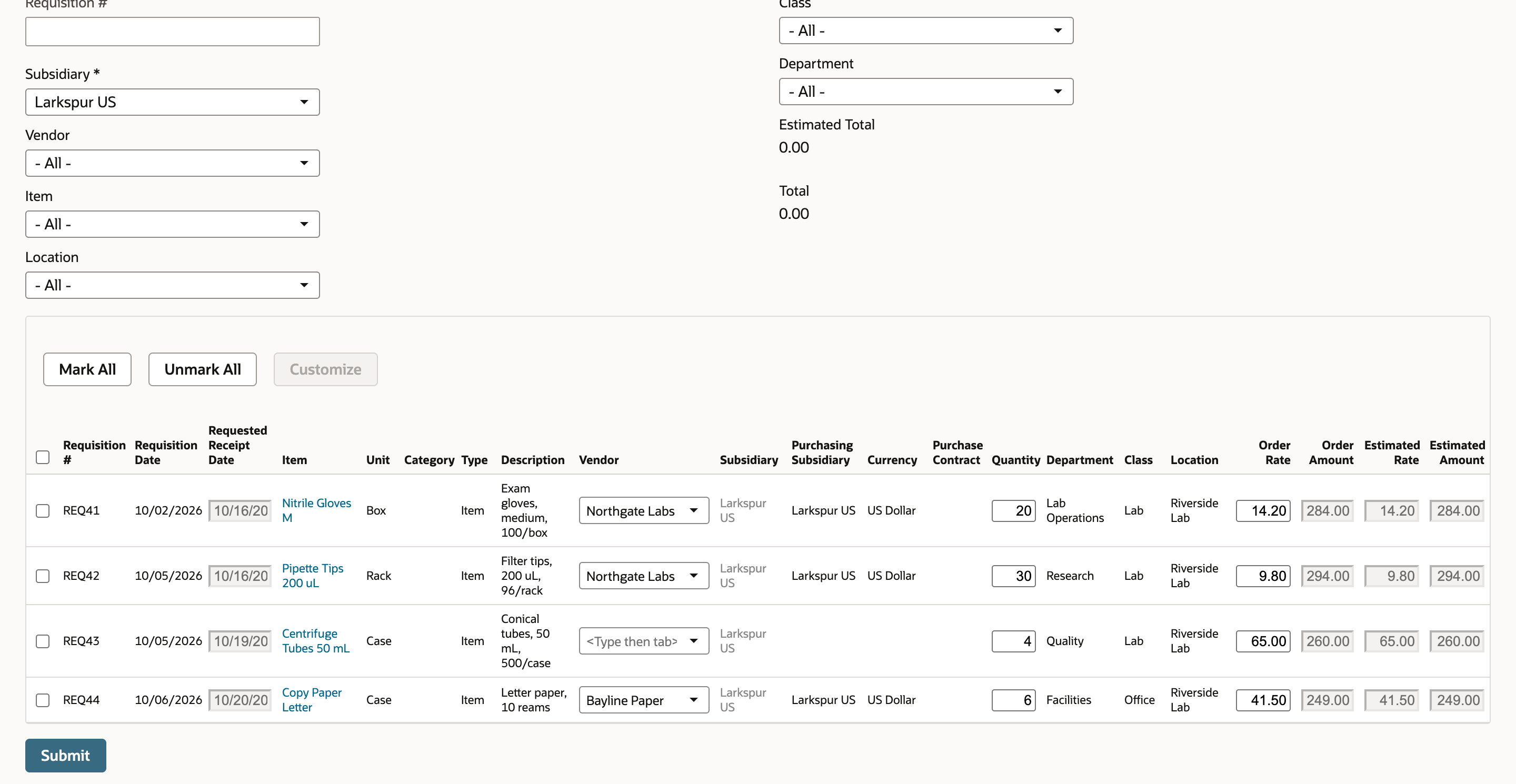 The Order Requisitions page with Subsidiary Larkspur US, Estimated Total and Total 0.00, and four unchecked lines: REQ41 and REQ42 with Vendor Northgate Labs, REQ43 with an empty Vendor showing Type then tab, and REQ44 with Vendor Bayline Paper.