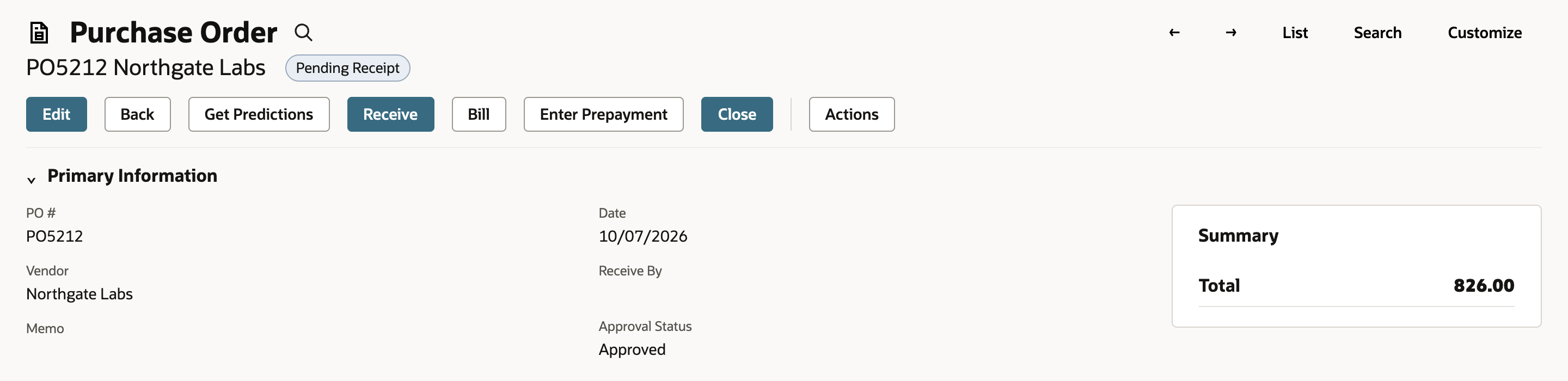 Purchase order PO5212 for Northgate Labs with the Pending Receipt status pill, Date 10/07/2026, Approval Status Approved, Subsidiary Larkspur US, Location Riverside Lab, and a Summary Total of 826.00.