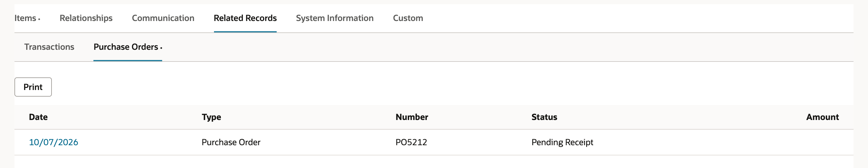 The Related Records subtab of REQ43 with the Purchase Orders list showing one row: 10/07/2026, Purchase Order, PO5212, Pending Receipt.