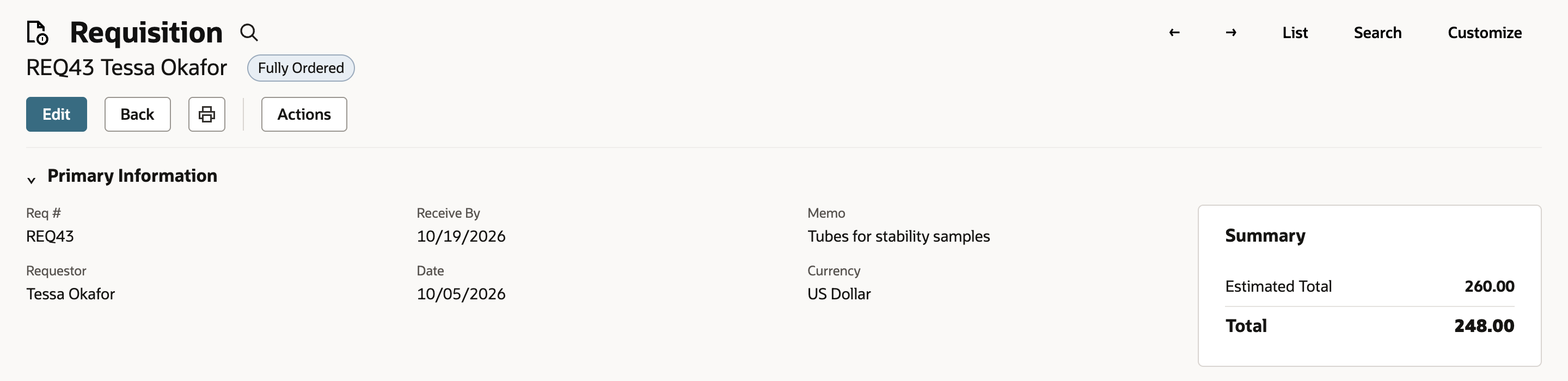 Requisition REQ43 from Tessa Okafor with the Fully Ordered status pill and a Summary showing Estimated Total 260.00 and Total 248.00.