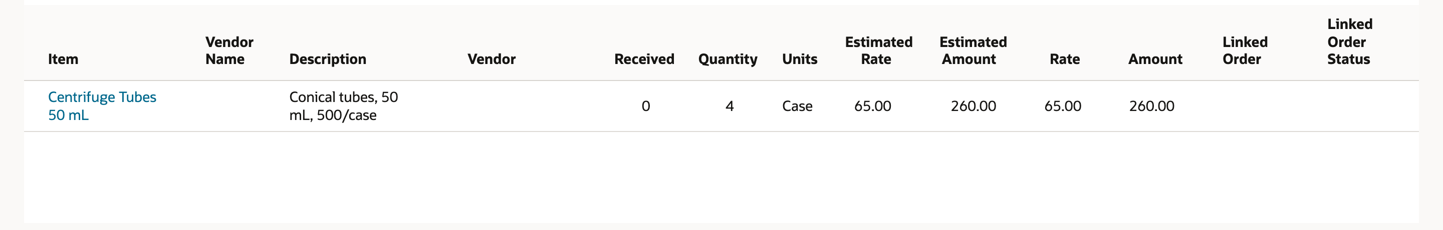 The REQ43 Items subtab with one line for Centrifuge Tubes 50 mL, Quantity 4, Units Case, Estimated Rate 65.00, Estimated Amount 260.00, empty Linked Order columns, and a red arrow pointing to the empty Vendor cell.
