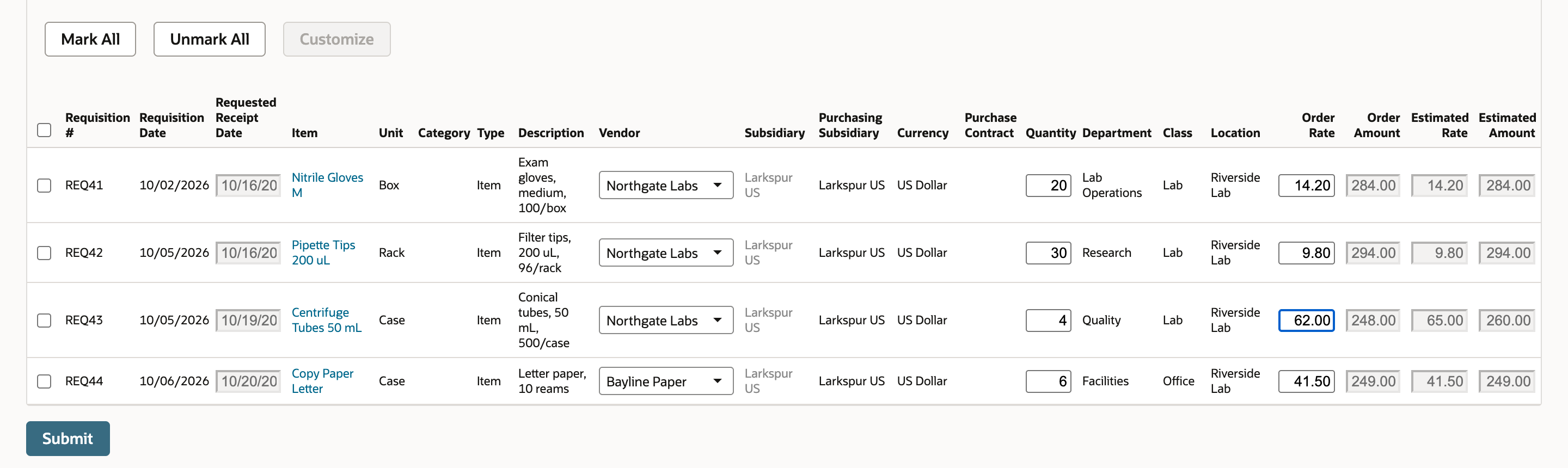 The Order Requisitions grid where the REQ43 row now has Vendor Northgate Labs, Order Rate 62.00 in an outlined box, Order Amount 248.00, and Estimated Rate 65.00 and Estimated Amount 260.00 unchanged.