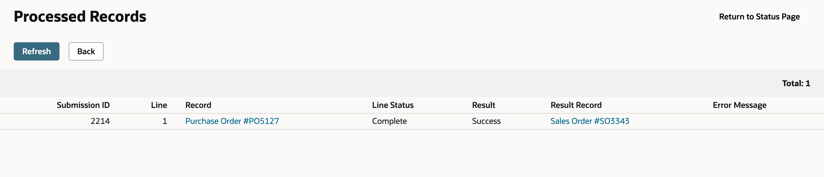Processed Records with one row: Purchase Order #PO5127, Line Status Complete, Result Success, Result Record Sales Order #SO3343.