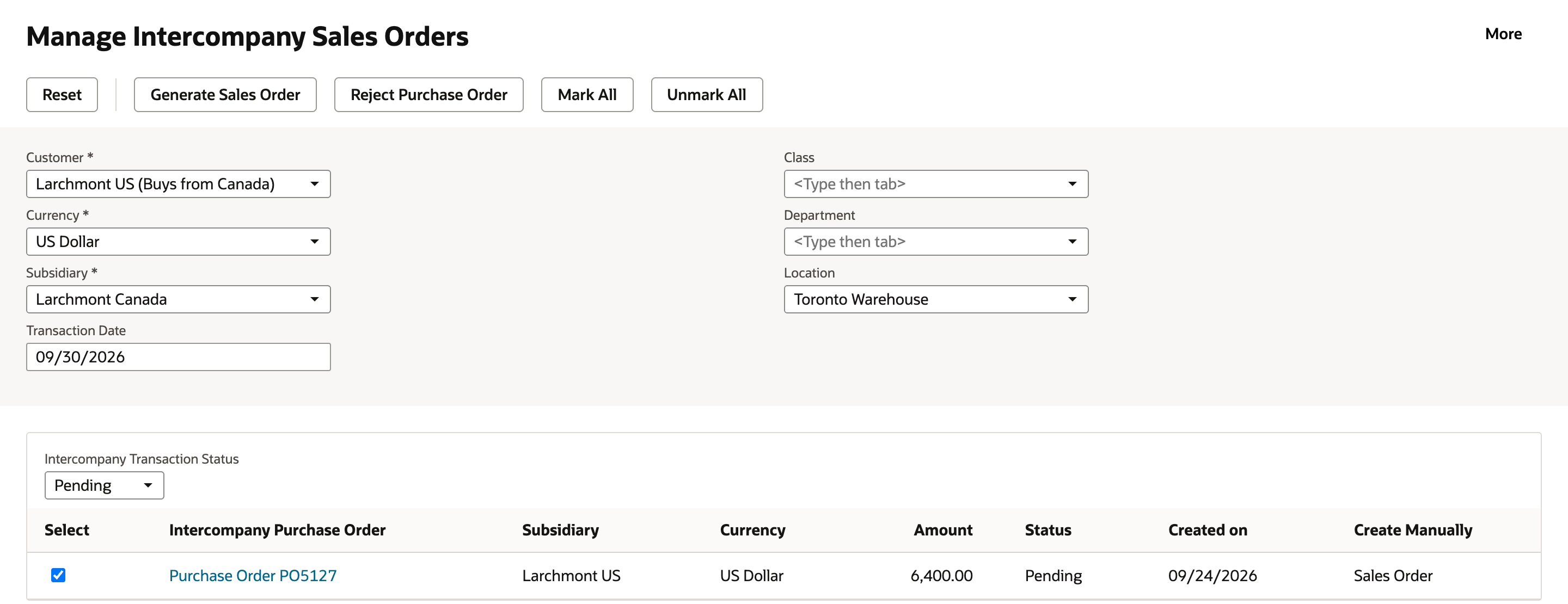 Manage Intercompany Sales Orders with Customer Larchmont US (Buys from Canada), Currency US Dollar, Subsidiary Larchmont Canada and Location Toronto Warehouse, and Purchase Order PO5127 for 6,400.00 marked under Pending.