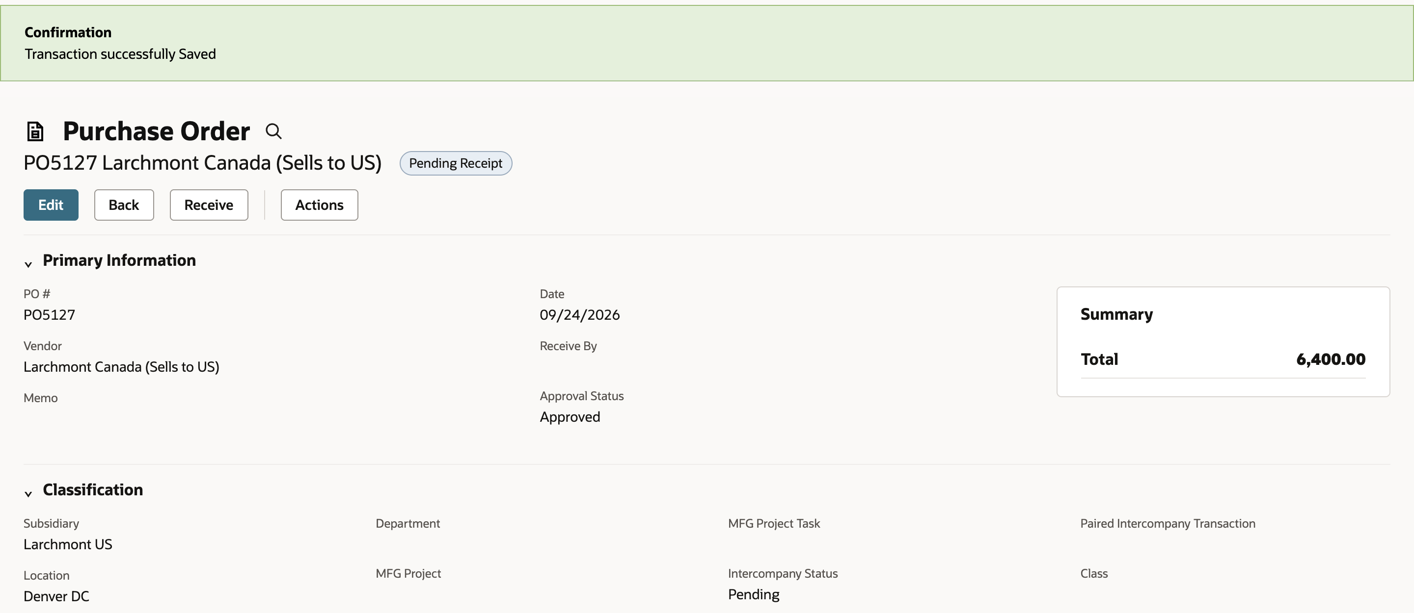 PO5127 after saving, with a Transaction successfully Saved banner, Total 6,400.00 and Intercompany Status Pending.