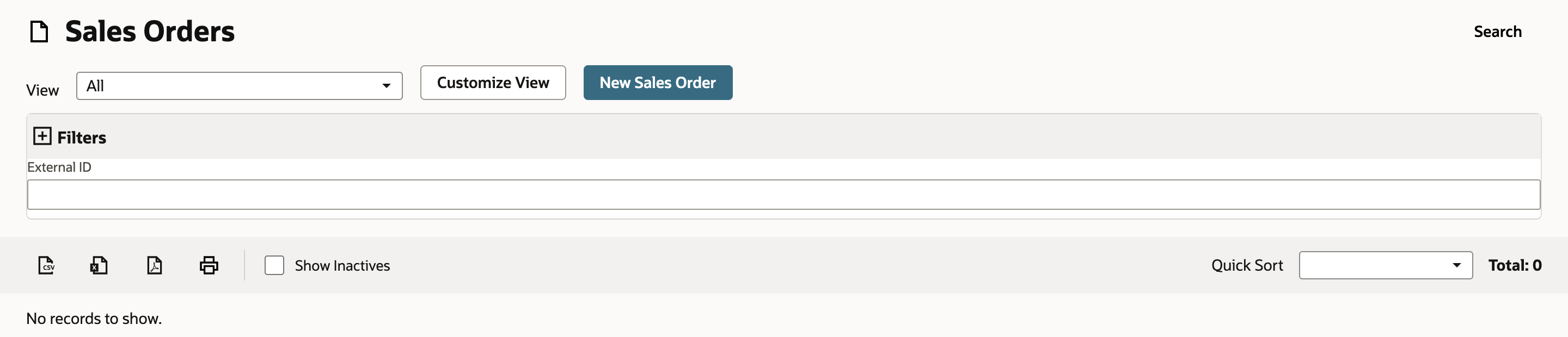 Sales Orders list with View set to All, showing No records to show and Total: 0.