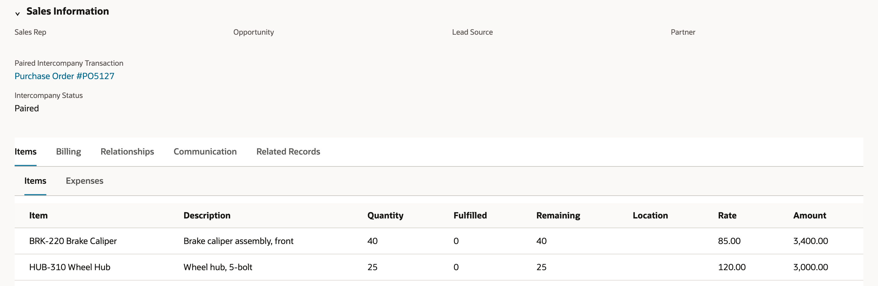 SO3342 Sales Information showing Paired Intercompany Transaction Purchase Order #PO5127 and Intercompany Status Paired, with Items BRK-220 Brake Caliper (40 at 85.00) and HUB-310 Wheel Hub (25 at 120.00) and an empty Location column.