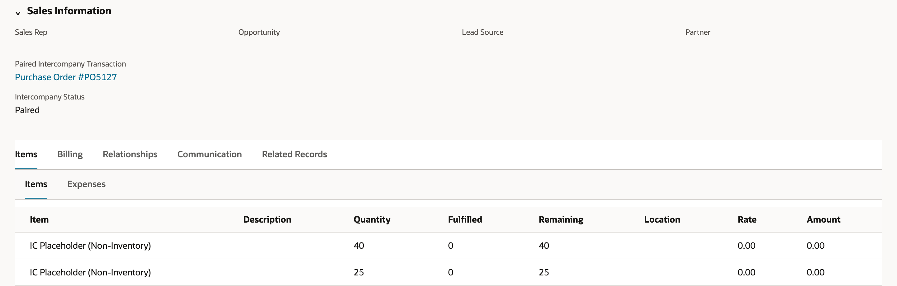 SO3342 after saving with both lines as IC Placeholder (Non-Inventory) at 0.00; Intercompany Status still shows Paired with Purchase Order #PO5127.