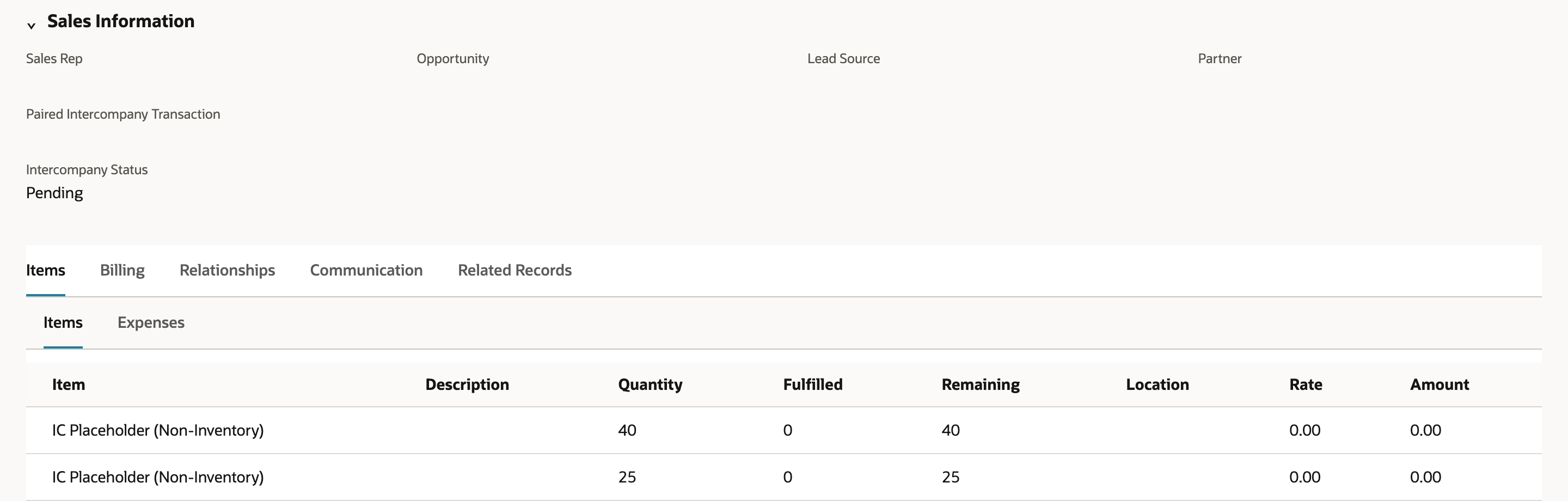 SO3342 Sales Information with a blank Paired Intercompany Transaction and Intercompany Status Pending, and two IC Placeholder (Non-Inventory) lines.