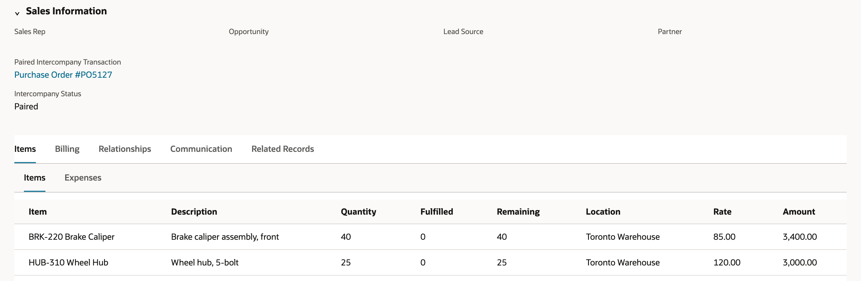 SO3343 Sales Information showing Paired Intercompany Transaction Purchase Order #PO5127 and Intercompany Status Paired, with BRK-220 Brake Caliper and HUB-310 Wheel Hub both at Location Toronto Warehouse.