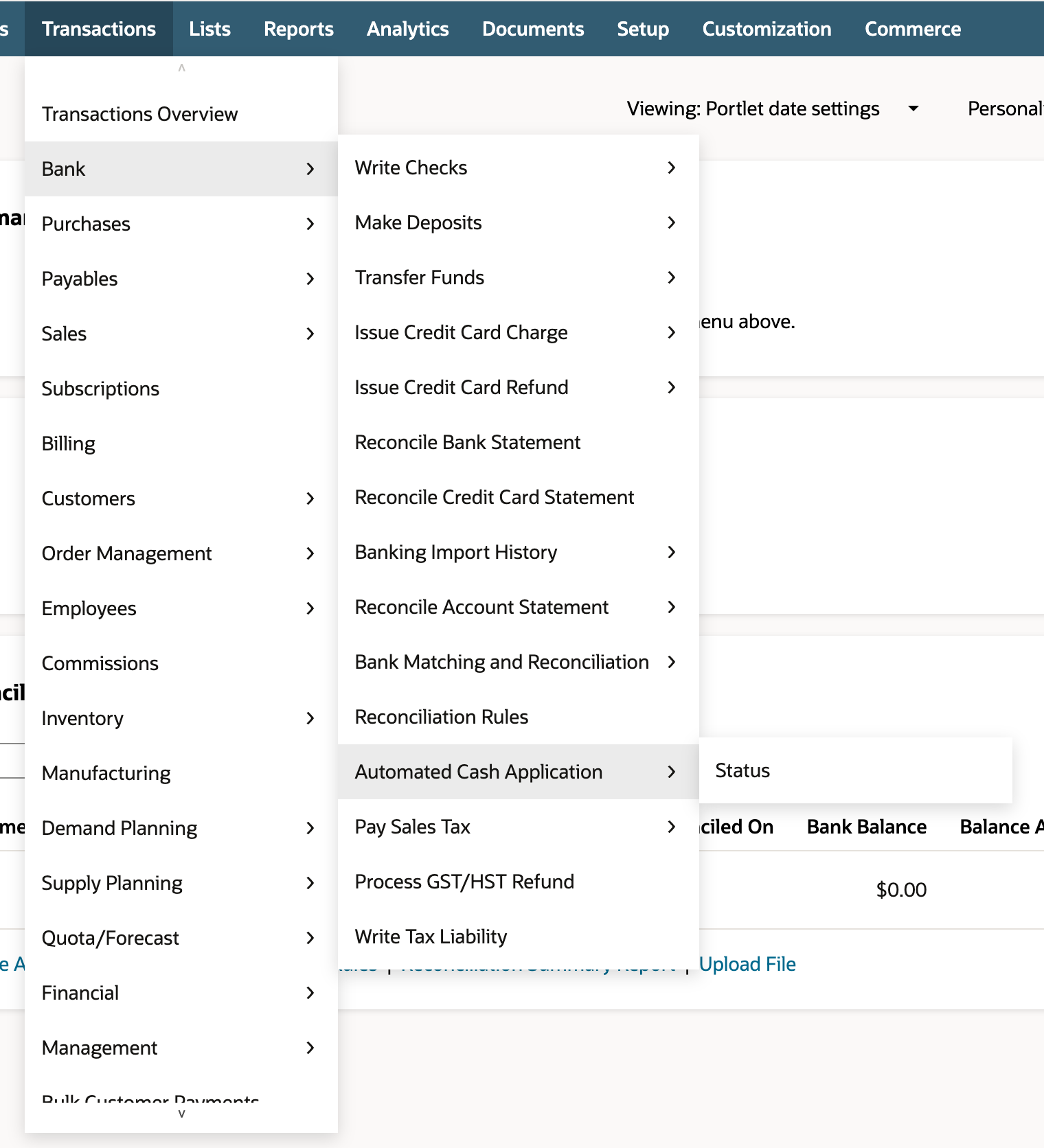 NetSuite Transactions menu open to Bank, with Automated Cash Application highlighted below Reconciliation Rules and its Status submenu showing