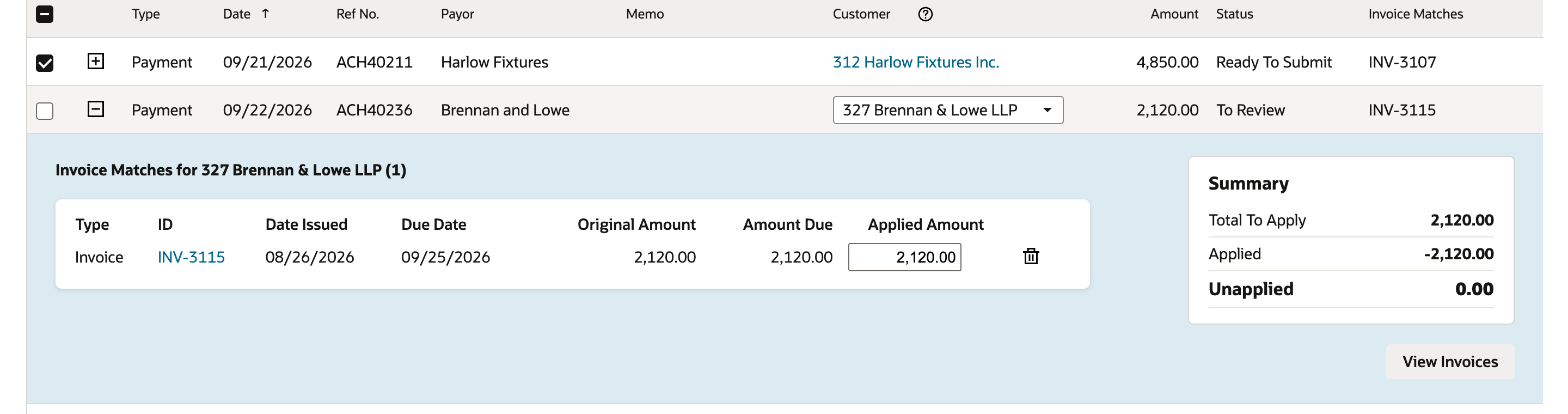 Expanded Brennan and Lowe line still To Review, showing Invoice Matches for 327 Brennan & Lowe LLP with INV-3115 at Original Amount, Amount Due and Applied Amount 2,120.00, and a Summary of Total To Apply 2,120.00, Applied -2,120.00, Unapplied 0.00