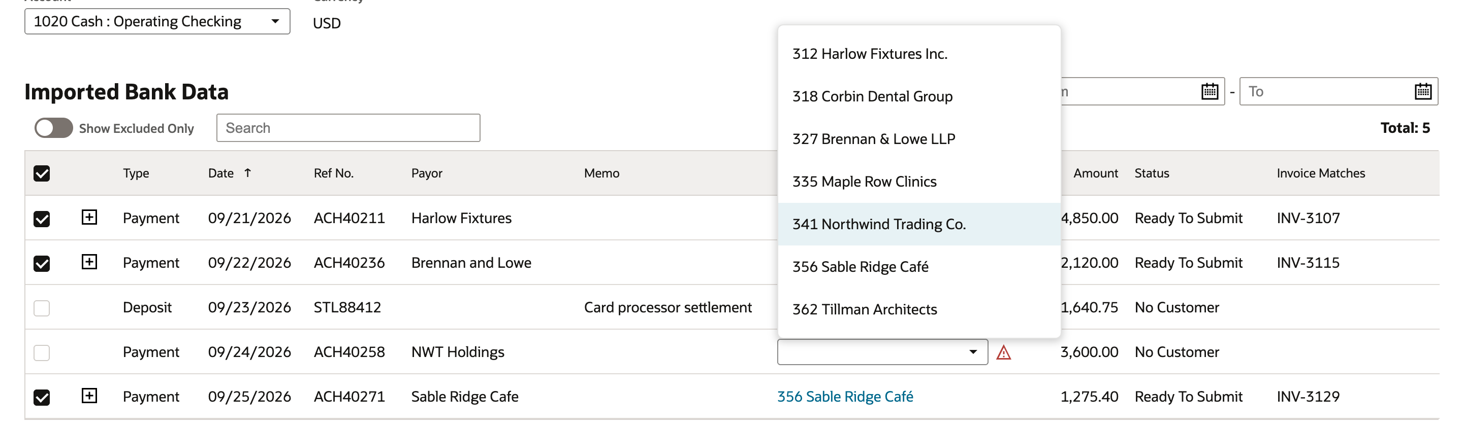 Customer dropdown open on the NWT Holdings line with seven customers listed and 341 Northwind Trading Co. highlighted