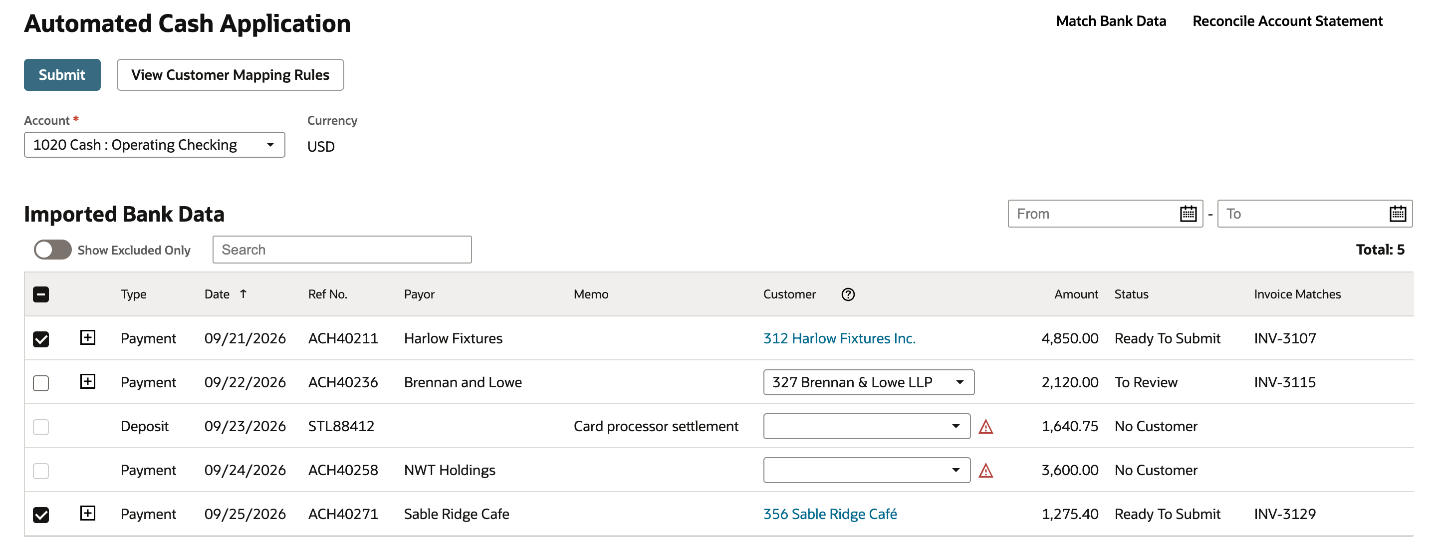 Automated Cash Application page with Account 1020 Cash : Operating Checking, Currency USD and five Imported Bank Data lines: Harlow Fixtures 4,850.00 Ready To Submit, Brennan and Lowe 2,120.00 To Review, a Card processor settlement deposit 1,640.75 No Customer, NWT Holdings 3,600.00 No Customer, and Sable Ridge Cafe 1,275.40 Ready To Submit