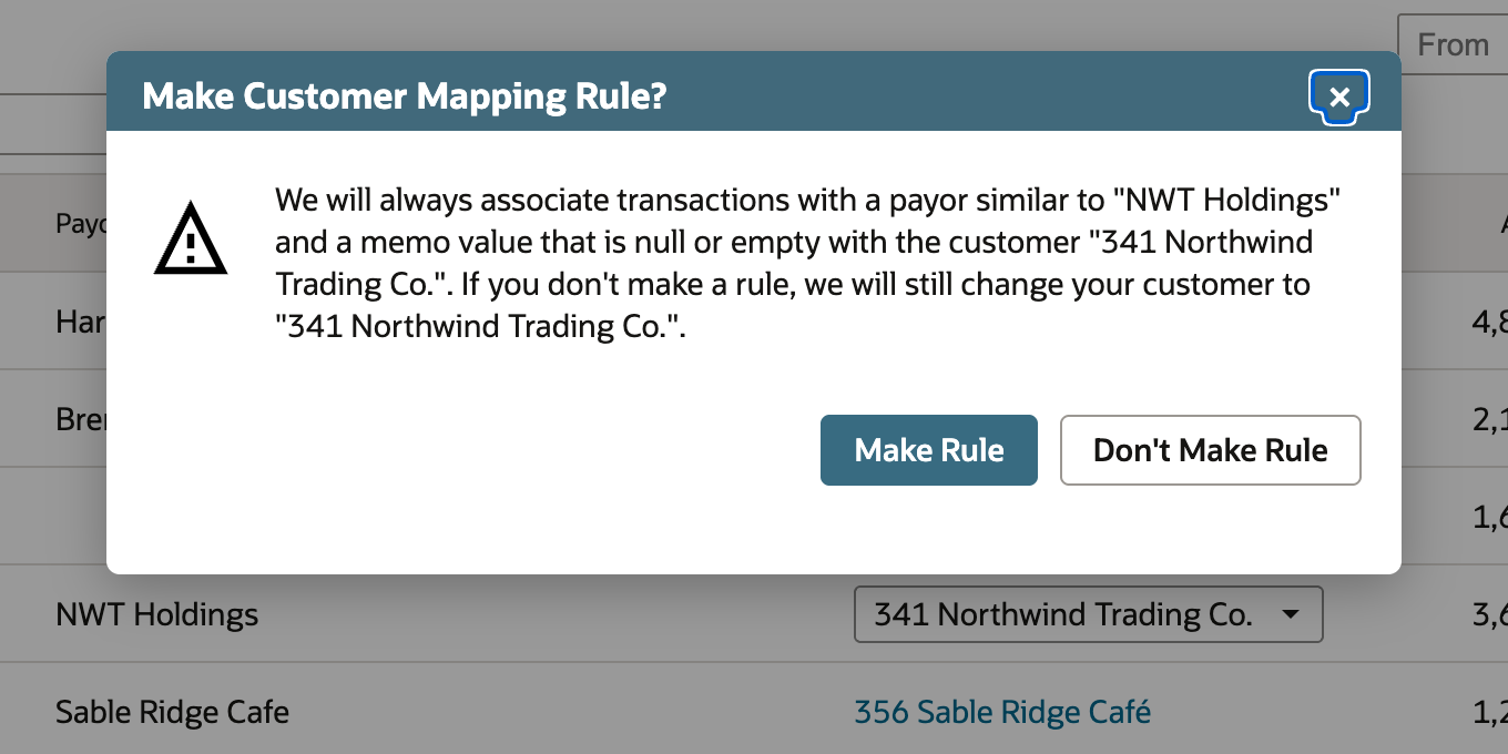 Make Customer Mapping Rule? dialog saying transactions with a payor similar to NWT Holdings and an empty memo will always be associated with 341 Northwind Trading Co., with Make Rule and Don't Make Rule buttons