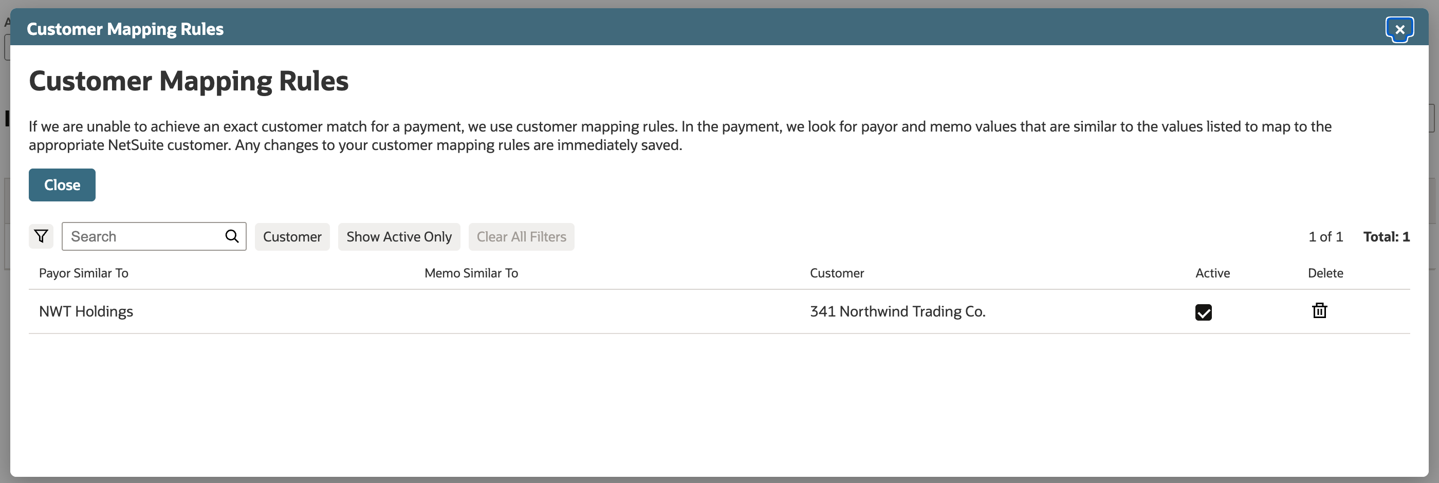 Customer Mapping Rules list with one rule: Payor Similar To NWT Holdings, Customer 341 Northwind Trading Co., Active checked