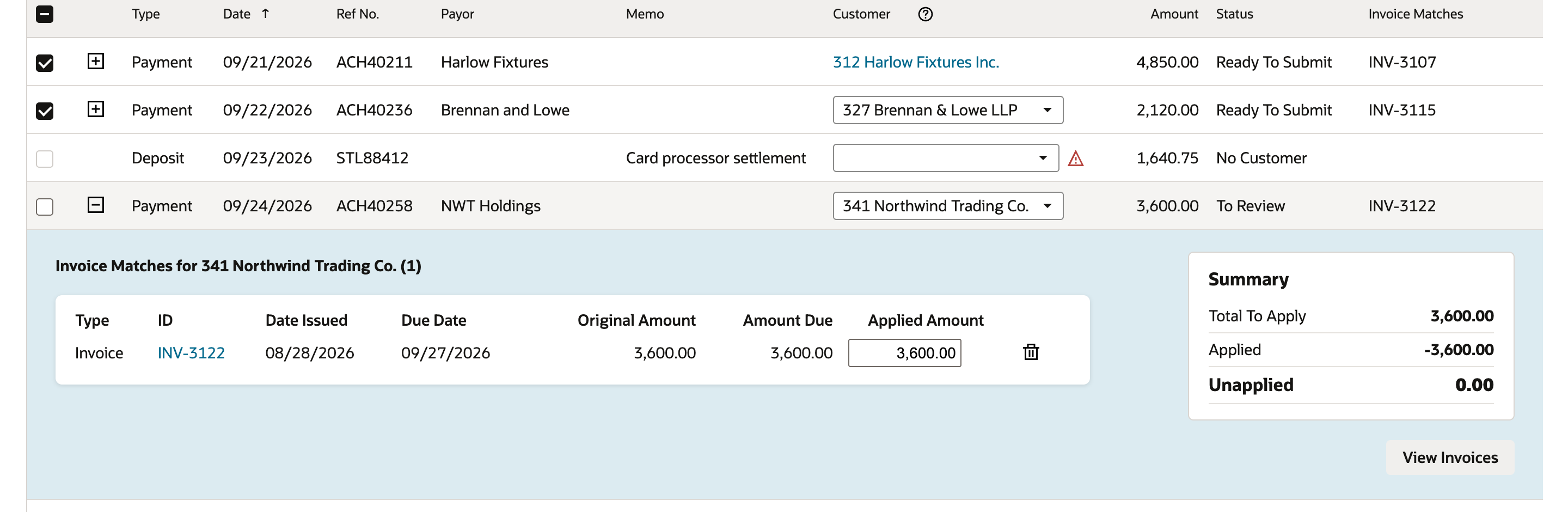 NWT Holdings line now set to 341 Northwind Trading Co. with status To Review, expanded to show INV-3122 with Amount Due and Applied Amount 3,600.00 and a Summary with Unapplied 0.00