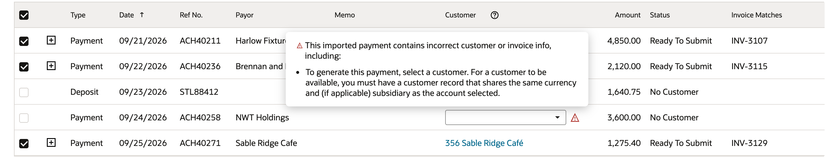 Warning popup beside the NWT Holdings line, which shows No Customer, saying a customer must be selected to generate the payment and must share the account's currency and subsidiary