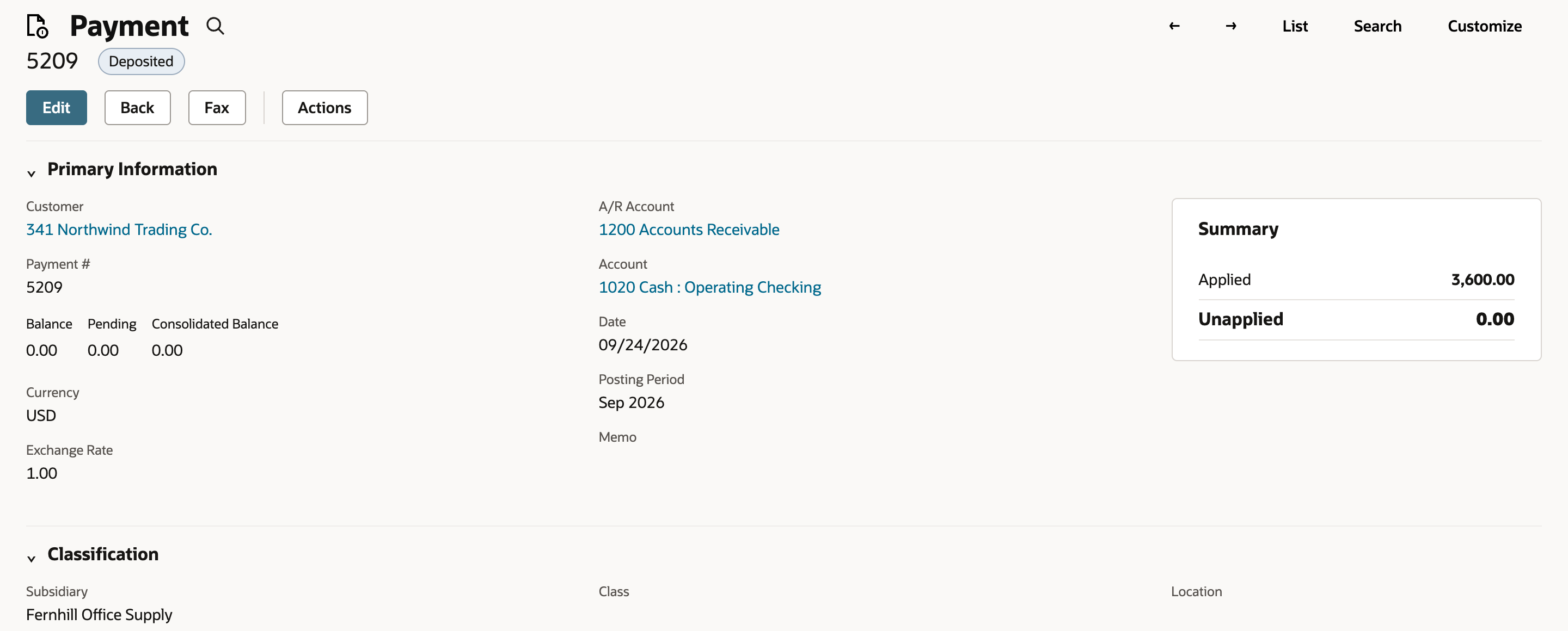Customer payment 5209 with status Deposited, Customer 341 Northwind Trading Co., Account 1020 Cash : Operating Checking, Date 09/24/2026, and a Summary of Applied 3,600.00 and Unapplied 0.00