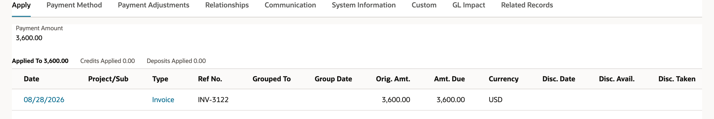 Apply subtab of payment 5209 showing Applied To 3,600.00 and one applied invoice, INV-3122, with Orig. Amt. and Amt. Due 3,600.00