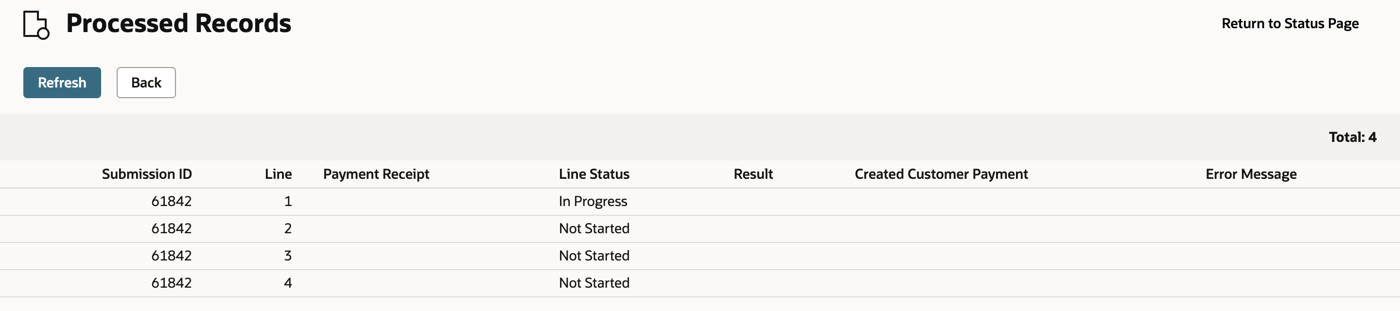 Processed Records for submission 61842 with four lines: line 1 In Progress and lines 2 to 4 Not Started, and no created payments yet