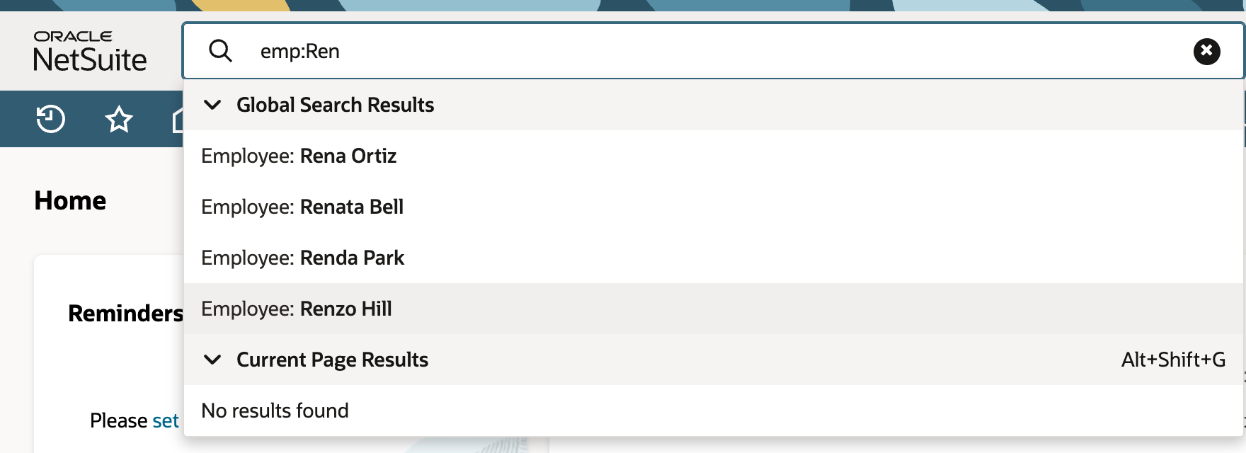 Global Search for emp:Ren listing only four Employee rows