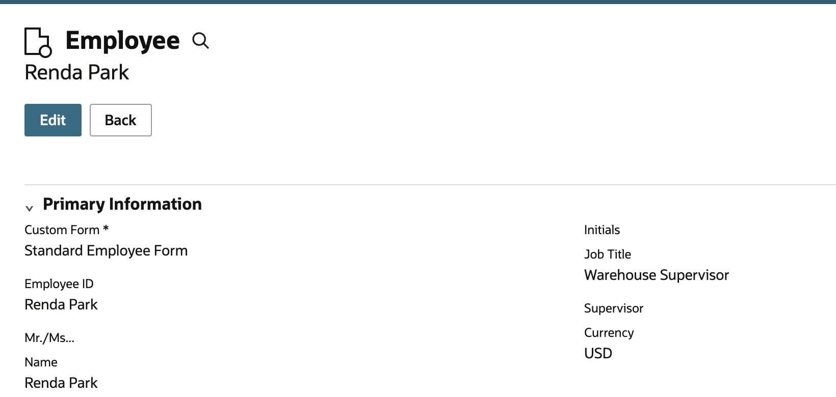 NetSuite Employee record for Renda Park with Edit and Back buttons