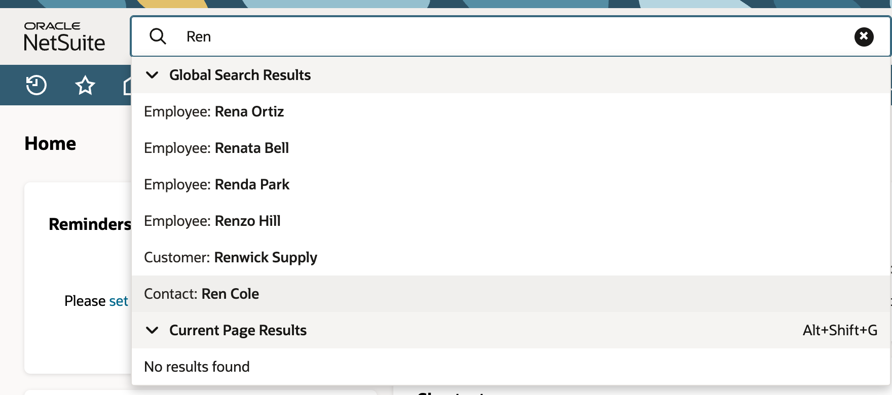 Global Search for Ren listing four Employee rows, Customer: Renwick Supply and Contact: Ren Cole