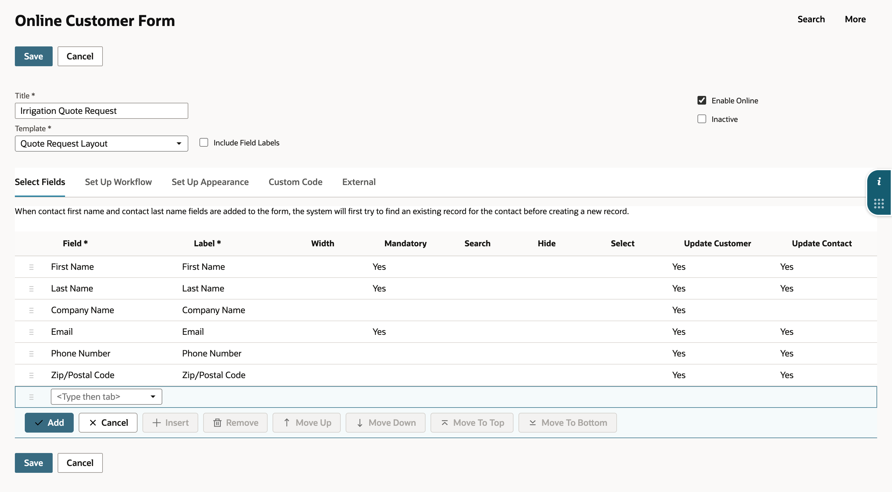 The Irrigation Quote Request form after Go Back, with Select Fields ending at Zip/Postal Code and no Comments row.
